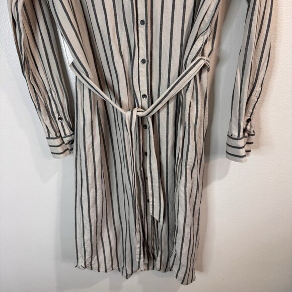 Chaps Shirt Dress XL Long Sleeve Button Front Linen Striped Belted White Gray - Picture 3 of 9